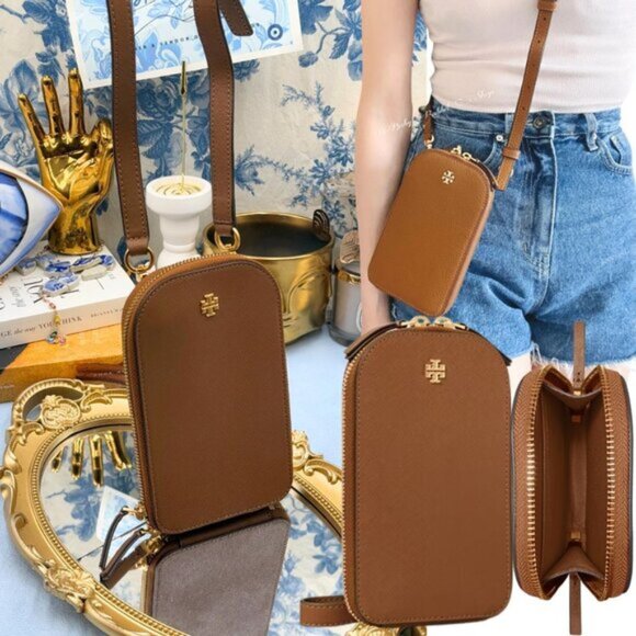 🆕 TORY BURCH 🧿 NWOT Emerson Phone Crossbody, Brown, Leather Strap - AUTH - Picture 1 of 15